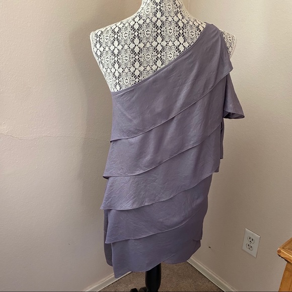 BCBG Gray 1 Shoulder Tie Sleeve Ruffle Layer Dress - Picture 4 of 10